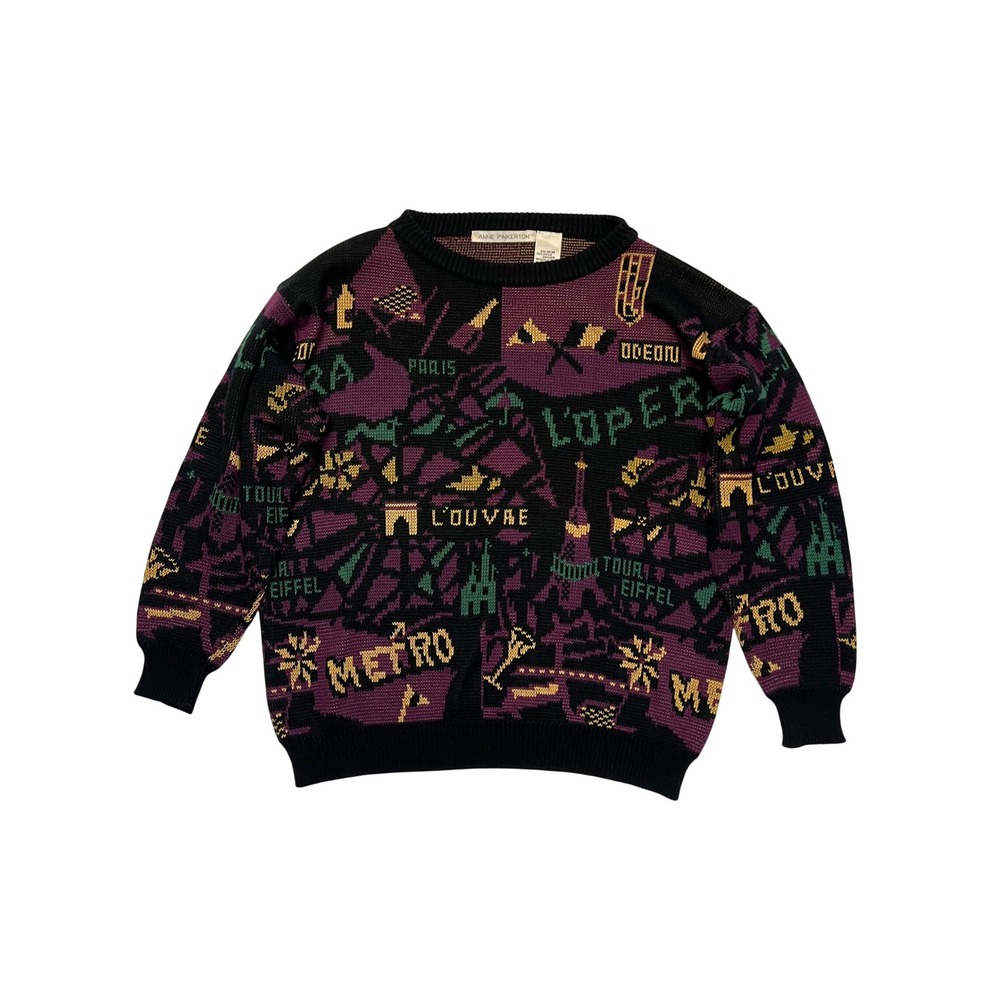 Vintage Anne Pinkerton Black Purple Paris Landmarks Novelty Knit Sweater Size M